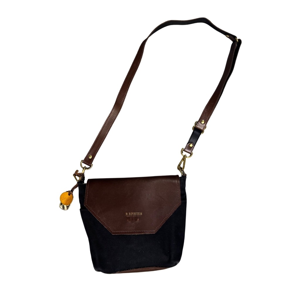 R. Riveter‎ Patton Crossbody Bag Black Canvas Brown Leather American Handmade